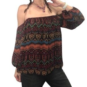 T Bags Los Angeles Abstract Off Shoulder Blouse Top Women’s Small Colorful Boho